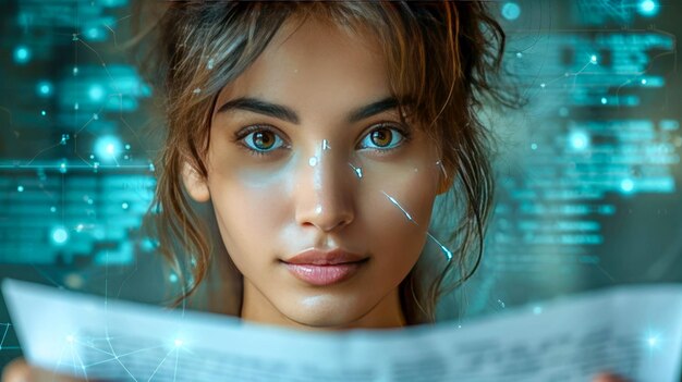 Foto ritratto di una bella ragazza in un vestito blu la ragazza guarda lo schermo con un codice binario