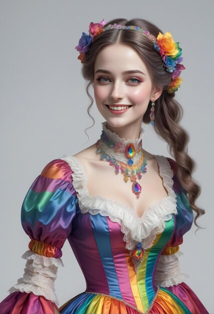 Portrait of a beautiful young girl in a colorful dress Studio shot