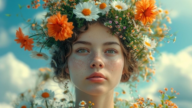 Portrait of a beautiful young girl in flowers closeup