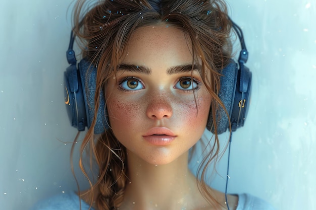 ヘッドフォンで音楽を聴いている美しい若い女の子の肖像画 エクストリームクローズアップ ジェネレーティブAI