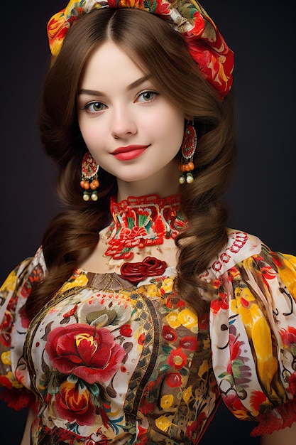 Traditional Russian folk costume, portrait of a young beautiful