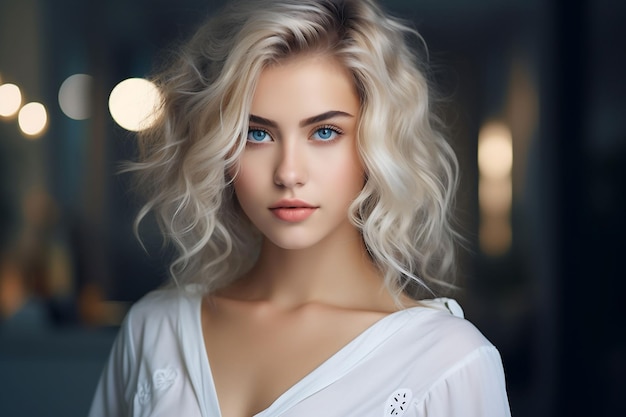 Portrait of a beautiful young girl with blond hair and blue eyes