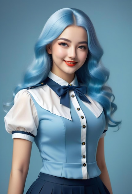 Portrait of a beautiful young girl with blue hair dressed in a school uniform