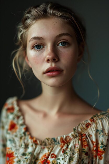Portrait of a beautiful young girl with freckles on her face