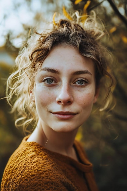 Photo portrait of a beautiful young girl with freckles on her face