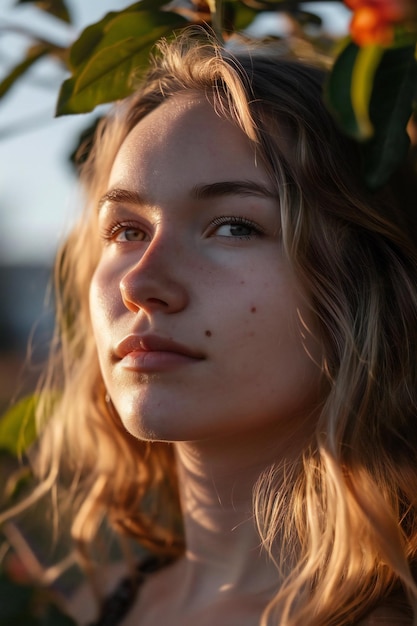 Photo portrait of a beautiful young girl with freckles on her face