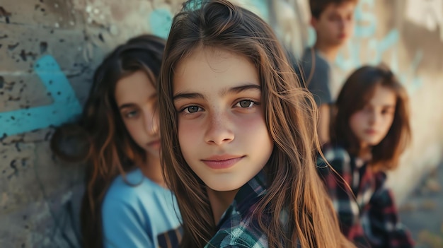 Portrait of a beautiful young girl with long brown hair and freckles on her face