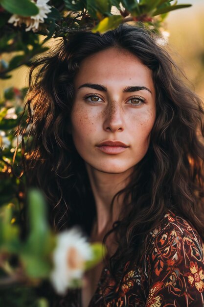 Portrait of a beautiful young girl with long curly hair and freckles