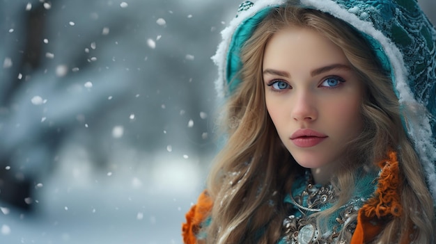 Photo portrait of a beautiful young girl with a unique winter look