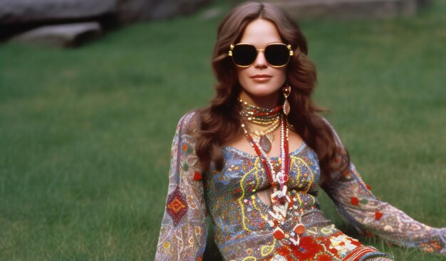 Portrait of a beautiful young hippie girl in sunglasses sitting on the grass