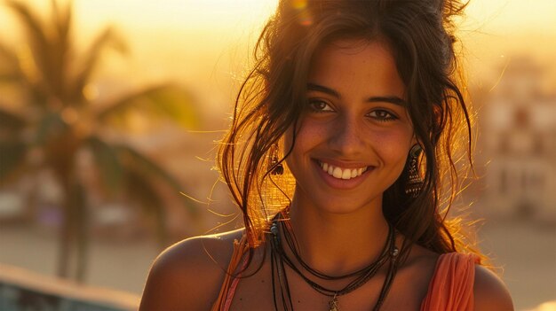カメラに微笑む美しい若いインド人の女性の肖像画