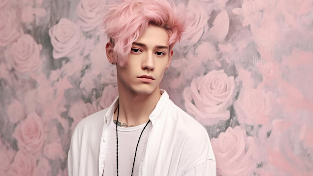 Portrait of a beautiful young man with pink hair on a background of flowers