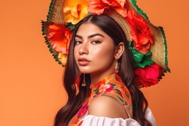 Foto ritratto di una bella giovane donna messicana che celebra il cinco de mayo creato con l'ia generativa