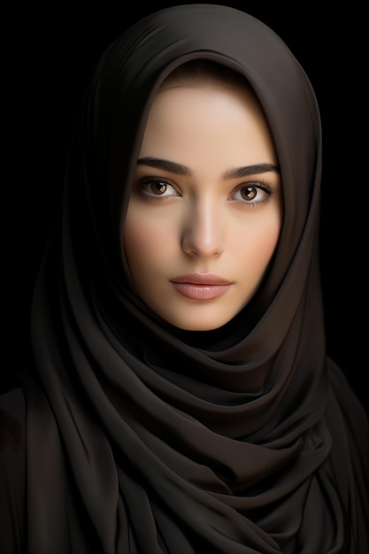 검은 벽 스튜디오에 아름다운 젊은 무슬림 소녀의 초상화