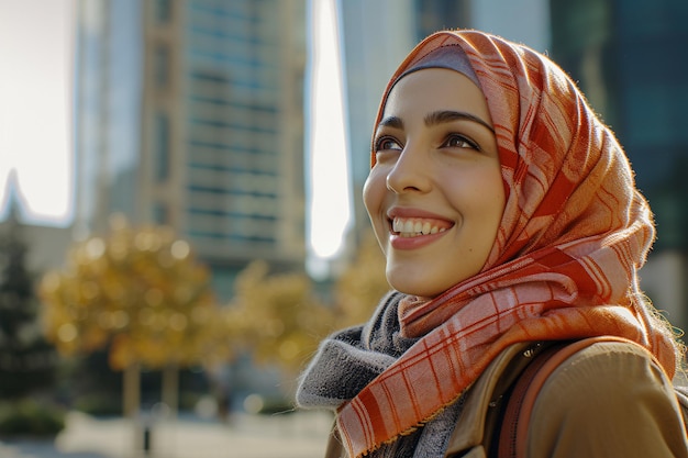 Portrait of a beautiful young muslim woman wearing headscarf and smiling with AI generated