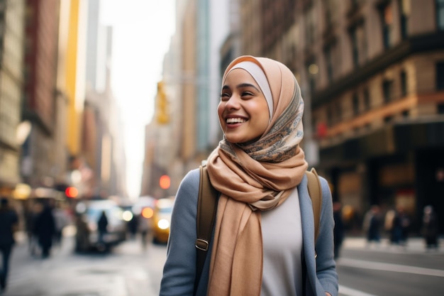 히잡을 쓰고 도시를 걷고 있는 아름다운 젊은 무슬림 여성의 초상화