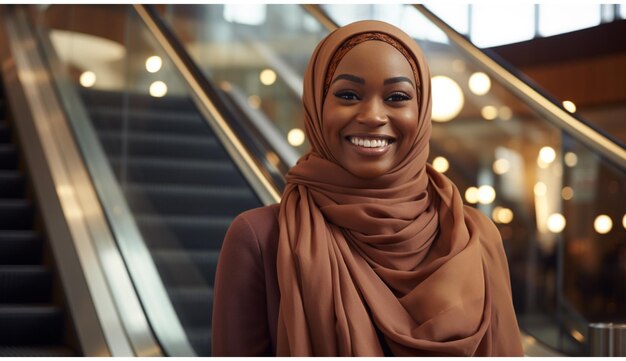 Portrait of beautiful young muslim woman with hijab sitting on stairs