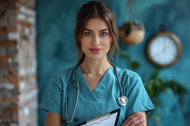 Portrait of a beautiful young nurse with stethoscope and clipboard