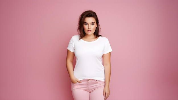 Photo portrait of beautiful young plus size model in white tshirt smiling and looking happy posing against pink background