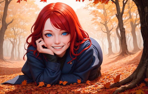 Portrait of a beautiful young redhead woman lying on autumn leaves Generative AI