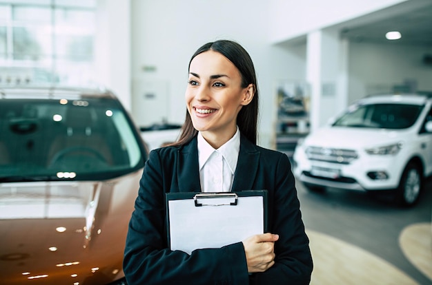 Portrait of beautiful young saleswoman in black suit standing inside dealership