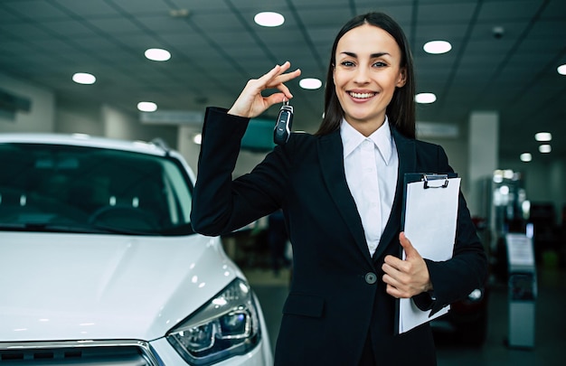 portrait of beautiful young saleswoman in black suit standing inside dealership