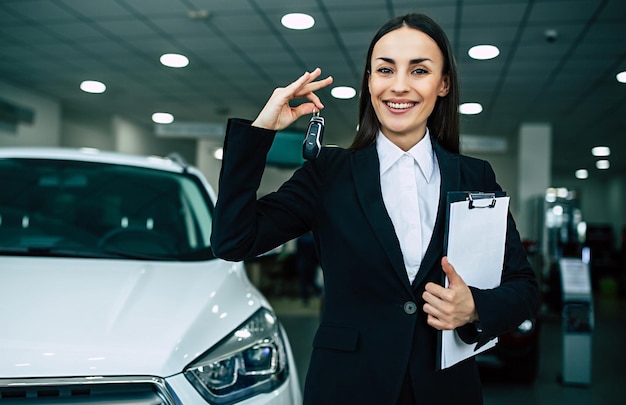 Portrait of beautiful young saleswoman in black suit standing inside dealership