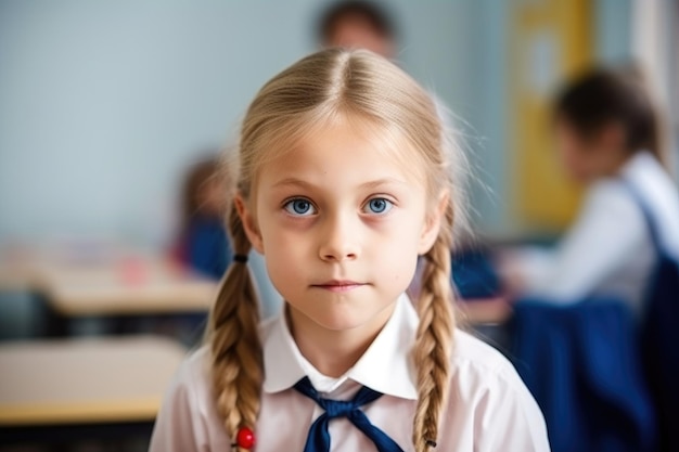 Portrait of a beautiful young school girl in the classroom created with generative ai