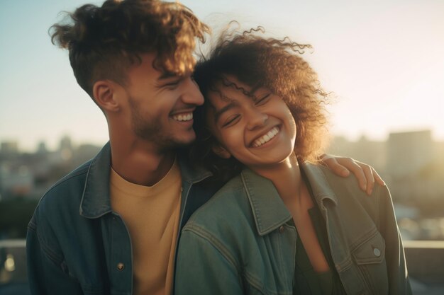 Photo portrait of a beautiful young smiling and hugging couple on a sunny day close up