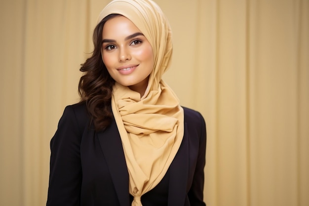 어두운 배경으로 히자브를 입은 아름다운 젊은 웃는 무슬림 여성의 초상화
