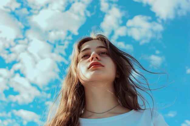 Foto ritratto di una bella giovane donna contro il cielo blu