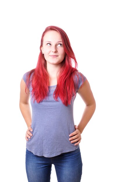 Photo portrait of beautiful young woman against white background