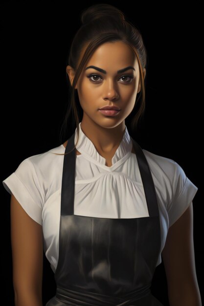 Photo portrait of a beautiful young woman in apron isolated on black background