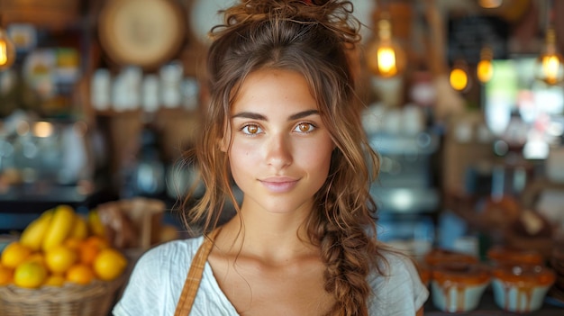 Portrait of a beautiful young woman in apron smiling and looking at camera in cafe