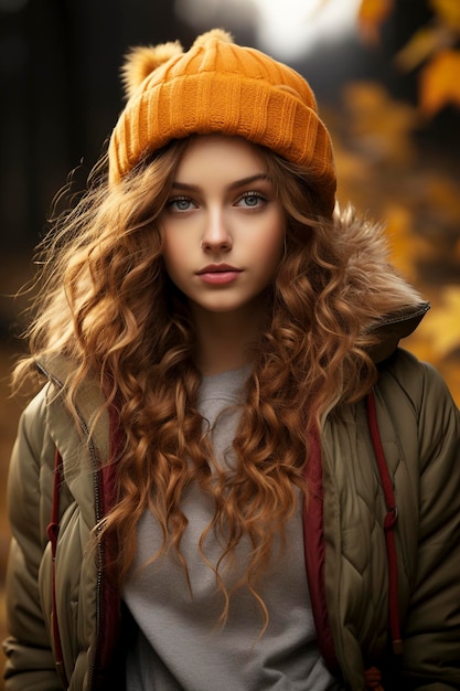 Portrait of beautiful young woman in autumn park created with generative AI