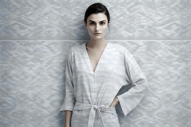 Photo portrait of a beautiful young woman in a bathrobe on a gray background