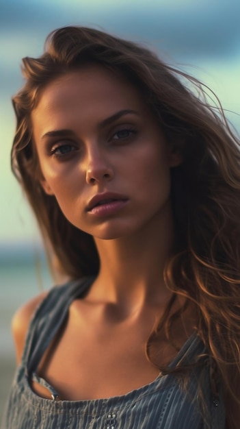 Portrait of a beautiful young woman on the beach at sunset