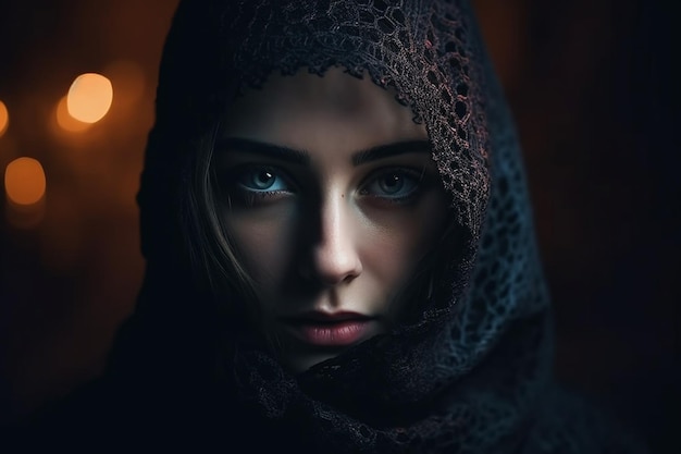 Portrait of a beautiful young woman in a black coat and hood