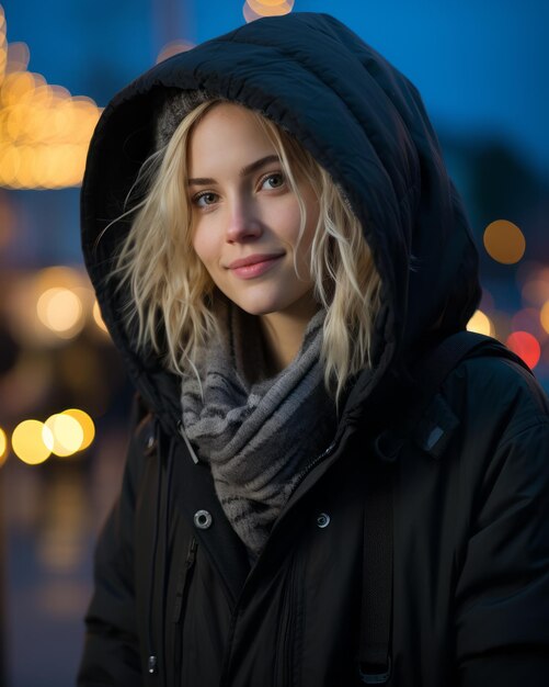 Portrait of a beautiful young woman in a black coat and scarf on the street at night with backlights