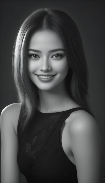 Portrait of a beautiful young woman in black dress black and white photo