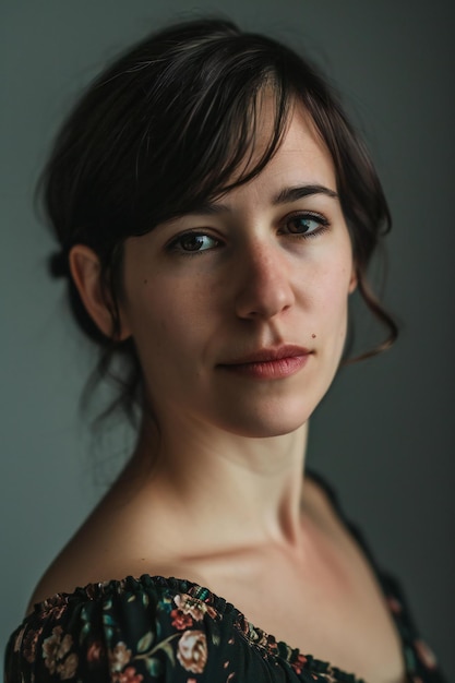 Portrait of a beautiful young woman in a black dress on a gray background