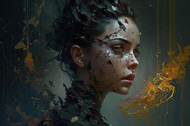 Portrait of a beautiful young woman in a black dress with blood splashes Abstractionism Generative AI