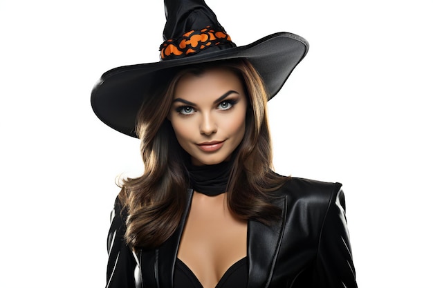 Portrait of beautiful young woman in black halloween witch costume isolated on white background