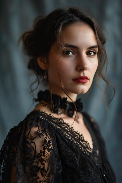 Portrait of a beautiful young woman in a black lace dress