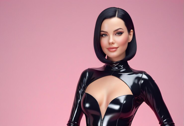 Photo portrait of a beautiful young woman in black latex costume on pink background