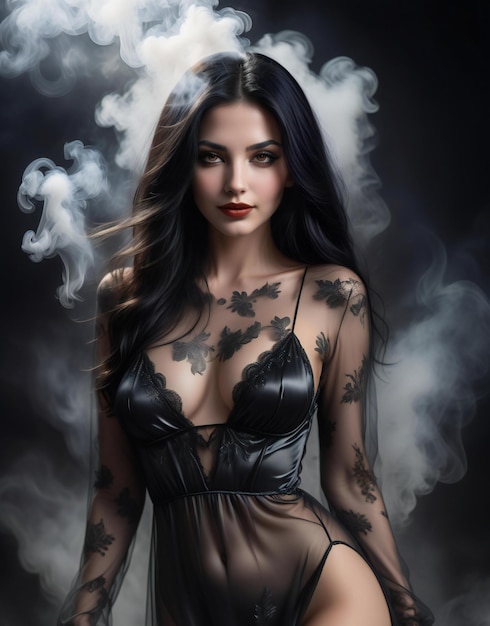 Portrait of a beautiful young woman in black lingerie with smoke