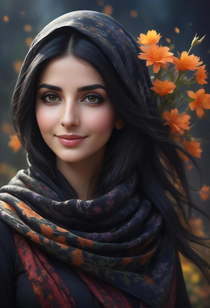 Portrait of a beautiful young woman in a black scarf with flowers