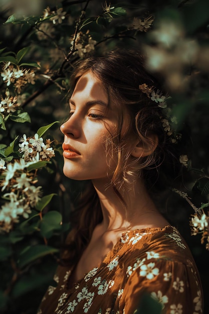 Portrait of a beautiful young woman in a blooming garden