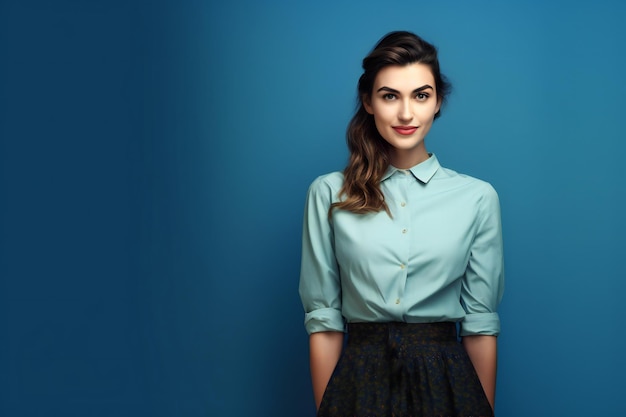 Portrait of a beautiful young woman in blue shirt and skirt