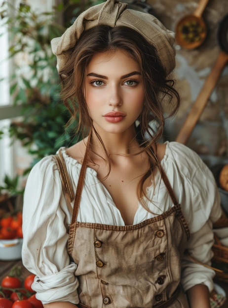 Photo portrait of a beautiful young woman in a brown apron and white blouse